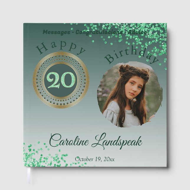 Personalised Photo Green Glitter, 20th Birthday Guest Book (Front)