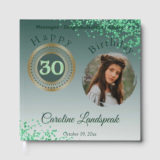 Personalised Photo Green Glitter, 30th Birthday Guest Book (Front)