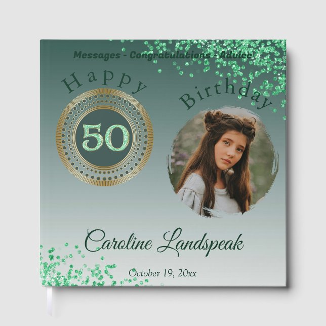 Personalised Photo Green Glitter, 50th Birthday Guest Book (Front)