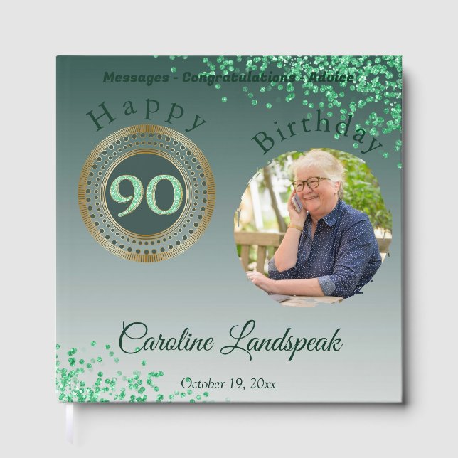 Personalised Photo Green Glitter, 90th Birthday Guest Book (Front)