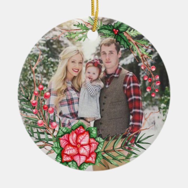 Personalised Photo Greenery Poinsettia Ornament (Front)
