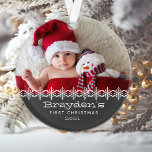 Personalised Photo Grey Babys First  Christmas Ornament<br><div class="desc">Celebrate baby's first Christmas with this cute ornament,  featuring a row of white snowflakes and white text on a charcoal grey background. Personalise it with baby's photo and name in a playful font.</div>