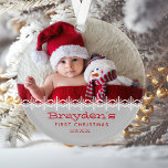 Personalised Photo Grey Red Baby's First Christmas Ornament<br><div class="desc">Celebrate baby's first Christmas with this cute ornament,  featuring a row of white snowflakes and red text on a grey background. Personalise it with baby's photo and name in a playful font.</div>