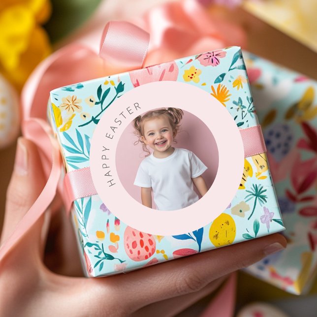 Personalised Photo Happy Easter Pink  Classic Round Sticker (Creator Uploaded)