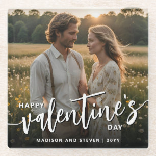 Personalised Photo Happy Valentine's Day Elegant Glass Coaster
