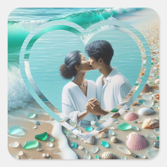 Personalised Photo Heart Beachy  Square Sticker (Front)
