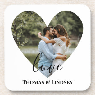 Personalised Photo Heart Frame Modern Calligraphy Coaster