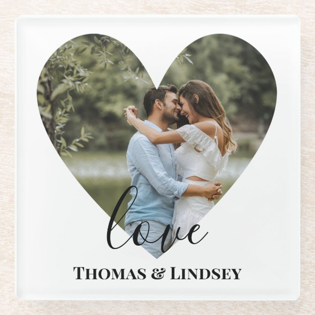 Personalised Photo Heart Frame Modern Calligraphy Glass Coaster (Front)