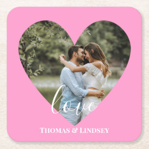 Personalised Photo Heart Frame Modern Calligraphy Square Paper Coaster