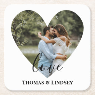 Personalised Photo Heart Frame Modern Calligraphy  Square Paper Coaster