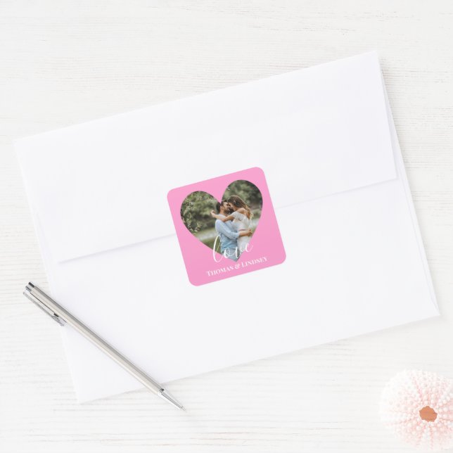 Personalised Photo Heart Frame Modern Calligraphy  Square Sticker (Envelope)