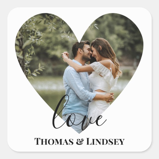 Personalised Photo Heart Frame Modern Calligraphy Square Sticker (Front)