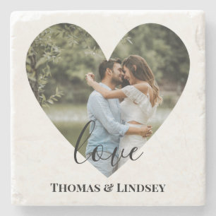 Personalised Photo Heart Frame Modern Calligraphy Stone Coaster