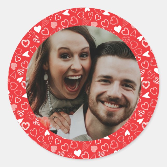 Personalised photo Hearts pattern red  Classic Round Sticker (Front)