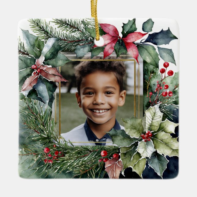 Personalised Photo Holiday Christmas Watercolor Ceramic Ornament (Front)