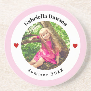 Personalised Photo in Baby Pink White Circle Heart Coaster