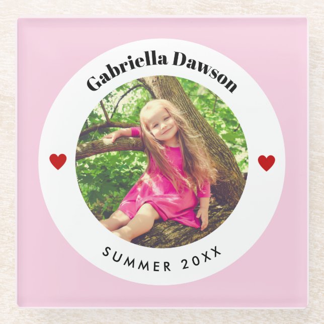 Personalised Photo in Baby Pink White Circle Heart Glass Coaster (Front)