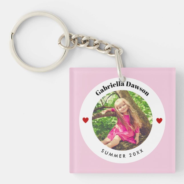 Personalised Photo in Baby Pink White Circle Heart Key Ring (Front)