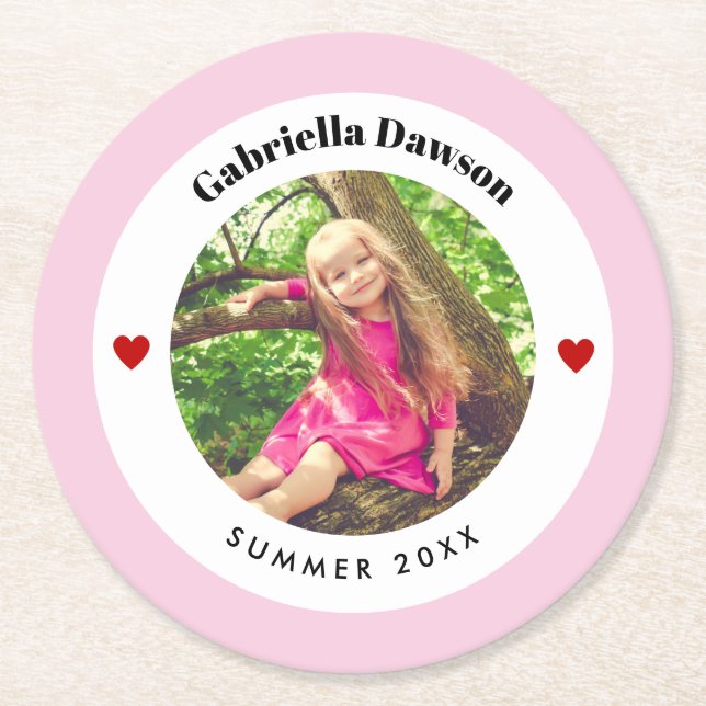 Personalised Photo in Baby Pink White Circle Heart Round Paper Coaster (Front)