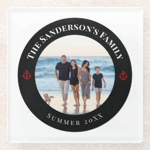 Personalised Photo in Black Circle with Red Anchor Glass Coaster