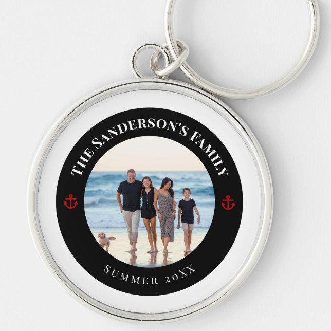 Personalised Photo in Black Circle with Red Anchor Key Ring (Front)