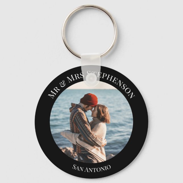 Personalised Photo in Black Circle with Texts Key Ring (Front)