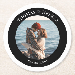 Personalised Photo in Black Circle with Texts Round Paper Coaster