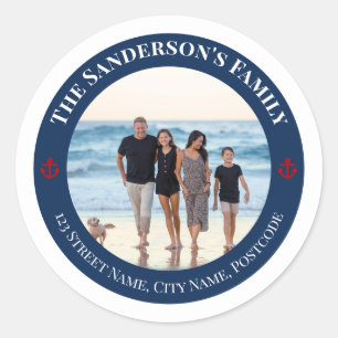 Personalised Photo in Navy Circle with Red Anchor Classic Round Sticker