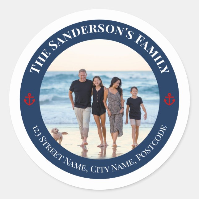 Personalised Photo in Navy Circle with Red Anchor Classic Round Sticker (Front)