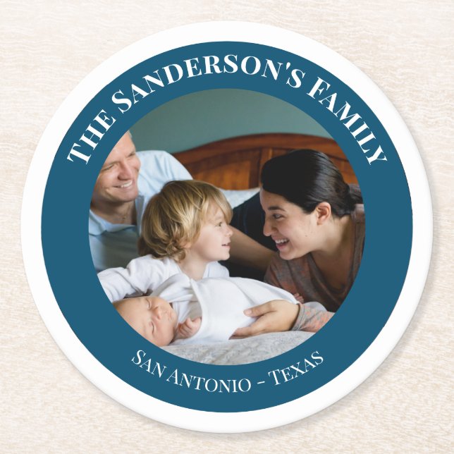 Personalised Photo in Turquoise Circle with Texts Round Paper Coaster (Front)