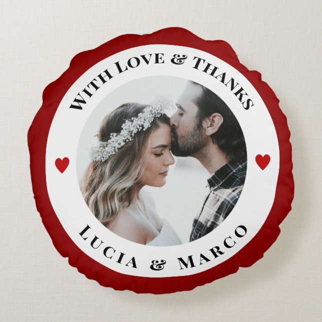 Personalised Photo in WhiteCircle with Red Heart Round Cushion (Back)