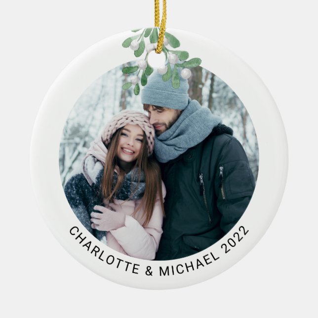 Personalised Photo Keep Mistletoe  Ceramic Tree Decoration (Front)