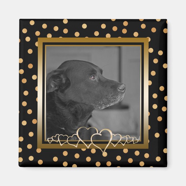 Personalised Photo Keepsake Black Gold Polka Dots Magnet (Front)
