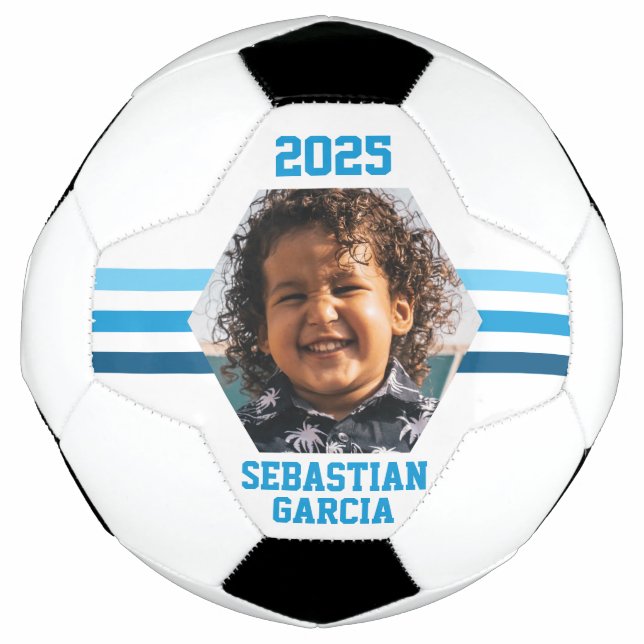 Personalised Photo Keepsake Multi Blue Stripes Football (Front)