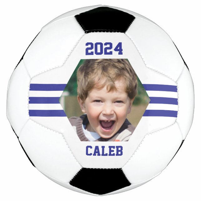 Personalised Photo Keepsake Royal Blue Stripes Football (Front)