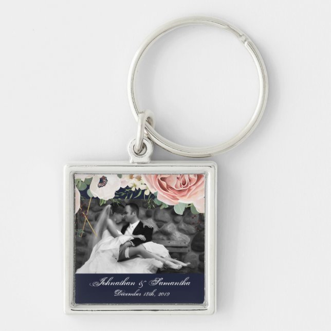 Personalised Photo Key Chain Geometric Garden Navy (Front)