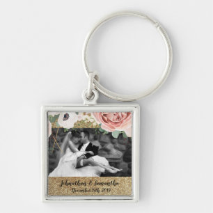 Personalised Photo Key Chain Geometric Garden Rose