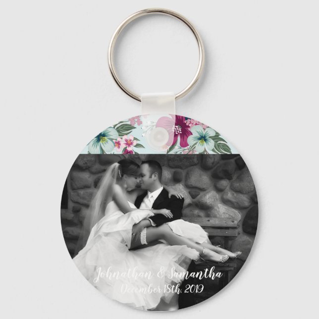Personalised Photo Key Chain Tropical Flower on Bl (Front)