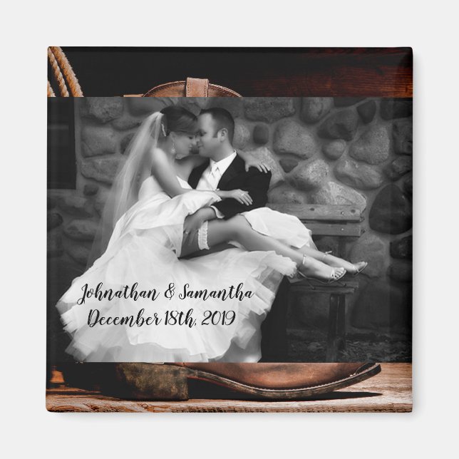 Personalised Photo Magnet Cowboy Boots Barn Wood R (Front)