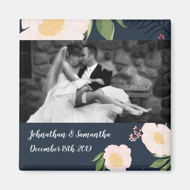 Personalised Photo Magnet White Floral Flowers on (Front)