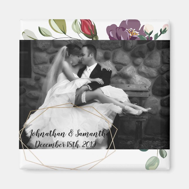 Personalised Photo Magnet White Roses Gold Geometr (Front)