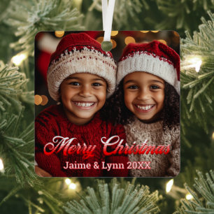 Personalised Photo Merry Christmas Names and Date Metal Tree Decoration