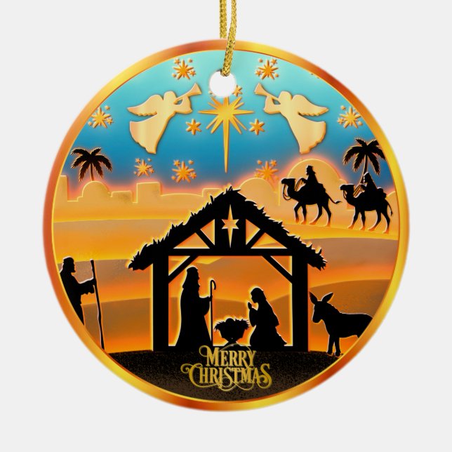 Personalised Photo "Merry Christmas" Nativity Ceramic Tree Decoration (Front)
