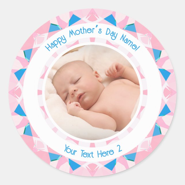 Personalised Photo Message Pink Blue Mother’s Day Classic Round Sticker (Front)