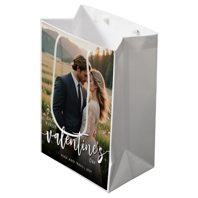 Personalised Photo Modern First Valentine's day Medium Gift Bag (Front Angled)