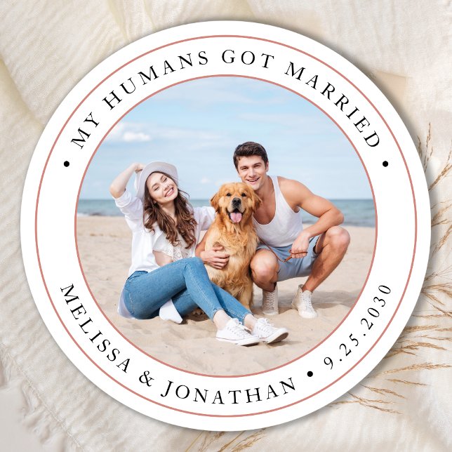 Personalised Photo Modern Just Married Wedding Classic Round Sticker (Creator Uploaded)