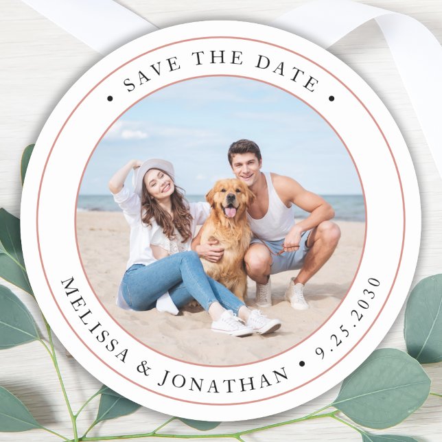 Personalised Photo Modern Wedding Save The Date Classic Round Sticker (Creator Uploaded)