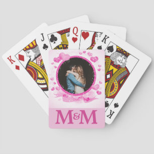 Personalised Photo Monogram Hearts Pink Wedding Playing Cards