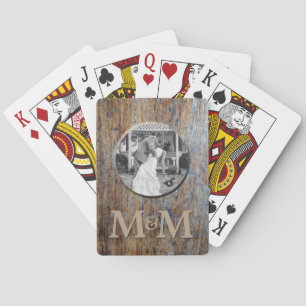 Personalised Photo Monogram Rustic Wood Wedding Playing Cards