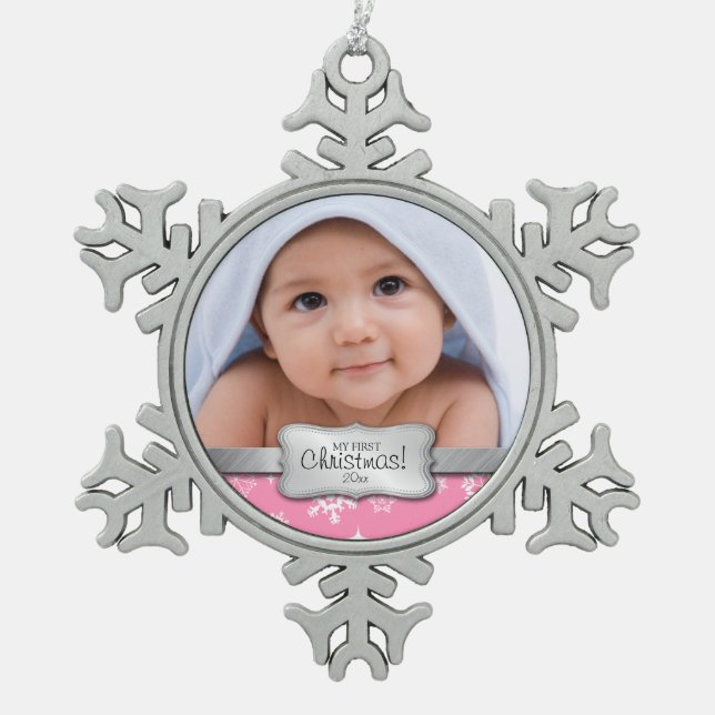 Personalised Photo - My 1st Christmas Snowflake Pewter Christmas Ornament (Front)